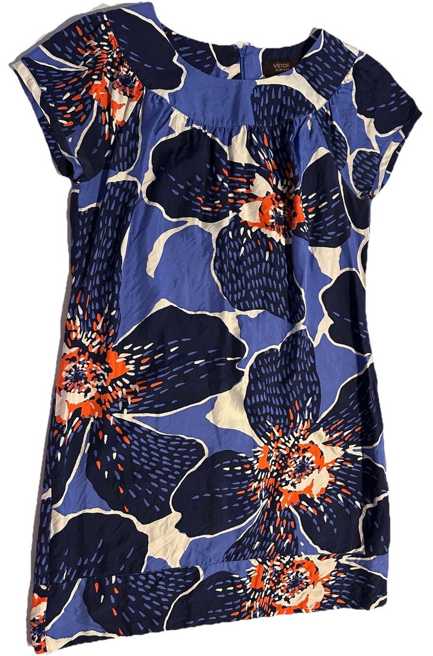 Victor Alfaro Dress Women Sz 8P 100% Silk Floral Short Sleeve Shift Summer Party